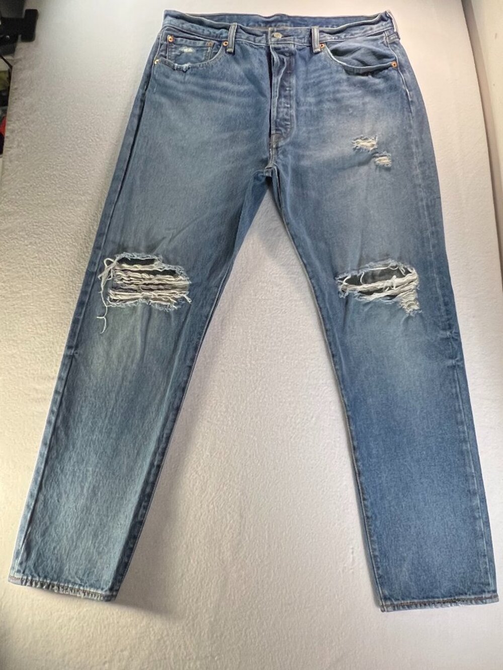 Levi's Men’s 36W × 32L 501 Original Fit Distressed Blue Jeans Mid/Light Wash